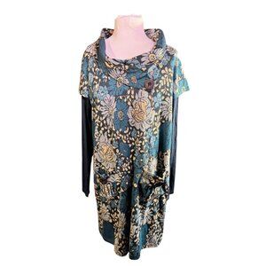 Joe Browns Womens Floral Cowl Neck Tunic Dress W/ Pockets Blue & Cream M